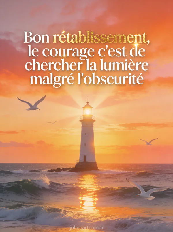 Phare allumé au bord de l'océan au lever du soleil avec des vagues douces et des mouettes en vol et le texte Le courage c'est de chercher la lumière malgré l'obscurité