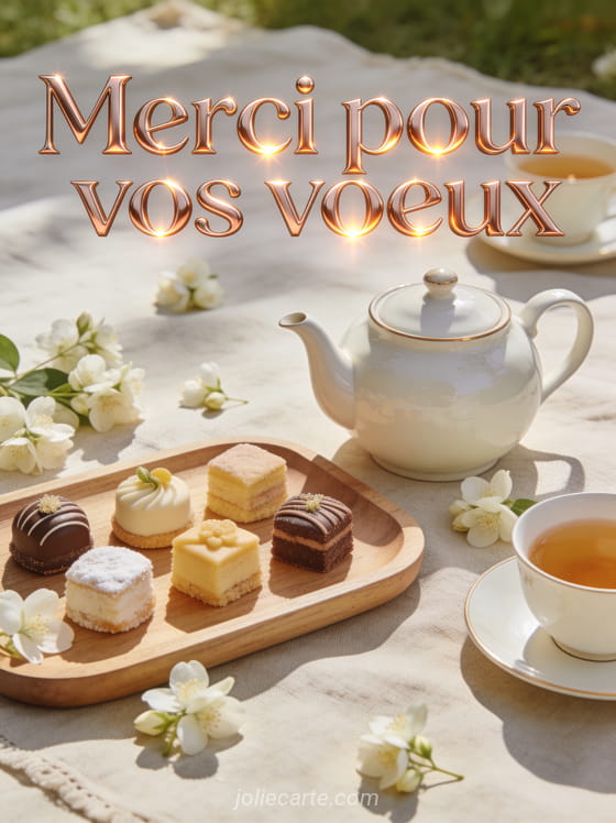 Plateau en bois avec petits fours raffinés théière en porcelaine fleurs de jasmin et nappe en lin et le texte Merci pour vos voeux