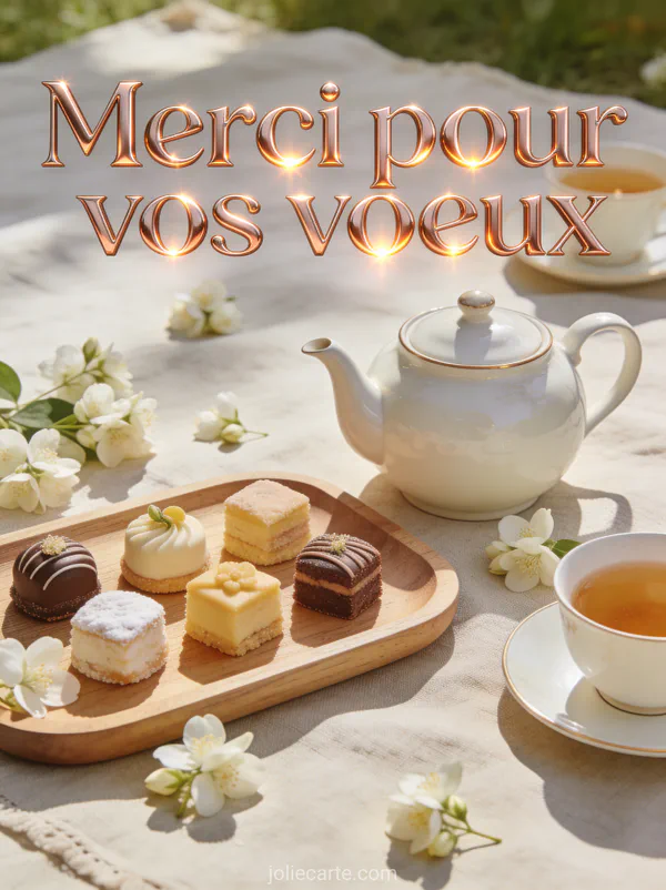 Plateau en bois avec petits fours raffinés théière en porcelaine fleurs de jasmin et nappe en lin et le texte Merci pour vos voeux