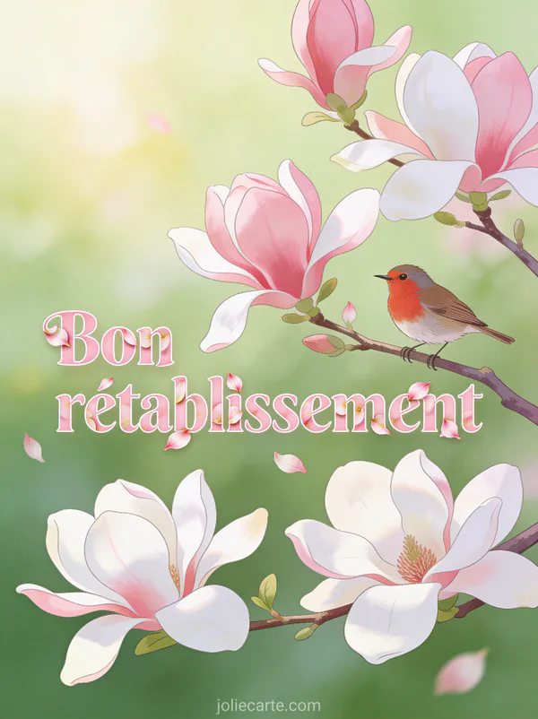 Branche de magnolia en fleurs avec un petit oiseau rouge-gorge perché chantant et des pétales roses et blancs avec le texte Bon rétablissement