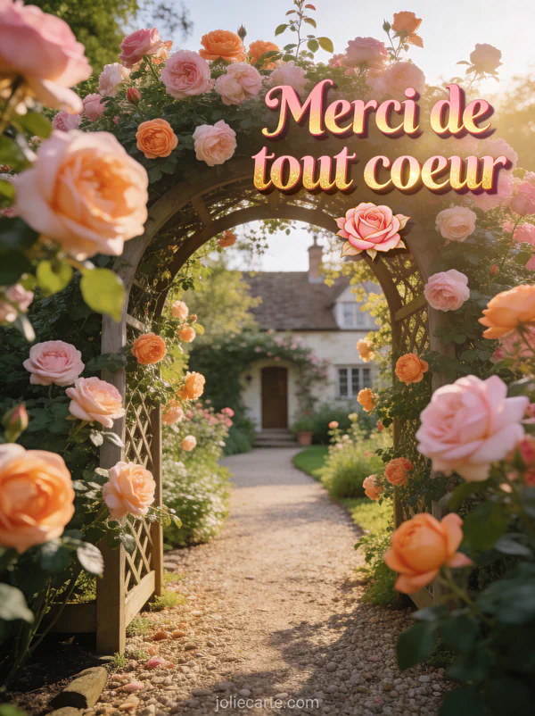 Jardin de cottage anglais avec roses David Austin roses et abricot arche de jardin et lumière dorée et le texte Merci de tout coeur
