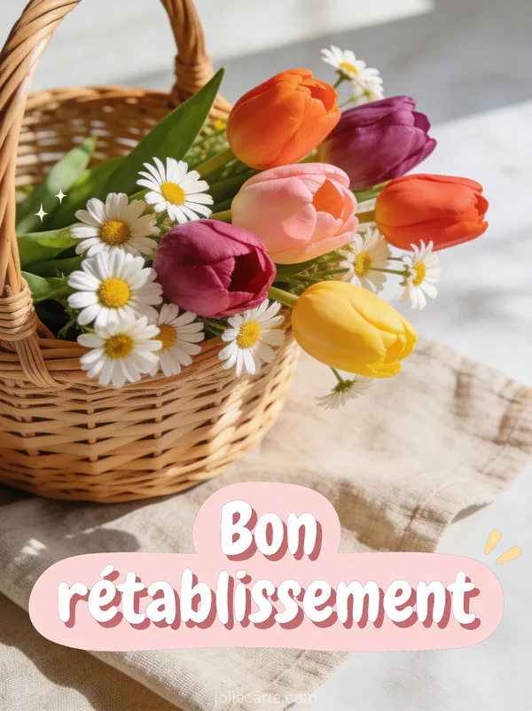 Panier en osier rempli de tulipes colorées et de marguerites posé sur un tissu en lin avec le texte Bon rétablissement en lettres blanches arrondies