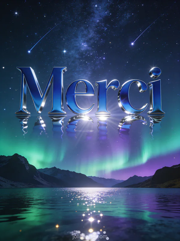 Ciel étoilé au-dessus d'un lac de montagne avec aurore boréale verte et violette et étoiles filantes et le texte Merci