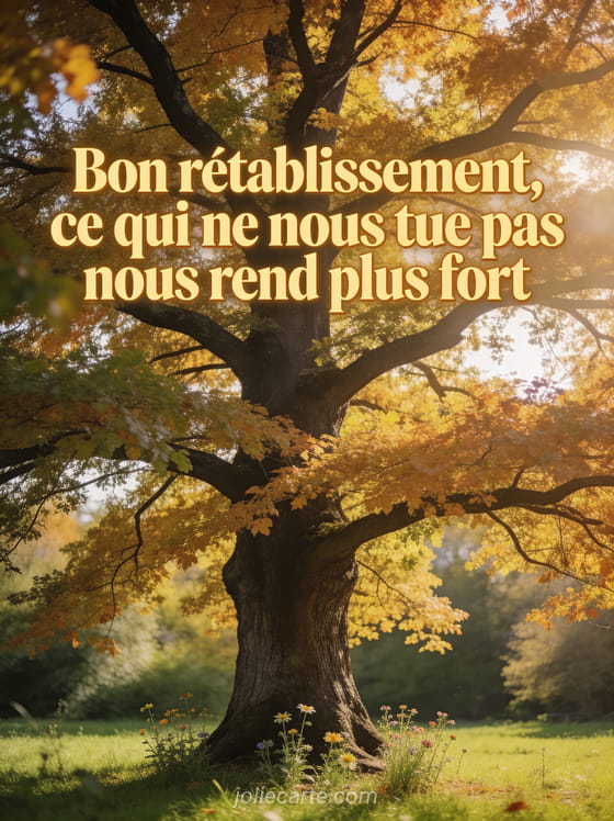 Grand chêne majestueux aux feuilles dorées d'automne dans une prairie verte avec des fleurs sauvages au pied et le texte Ce qui ne nous tue pas nous rend plus fort