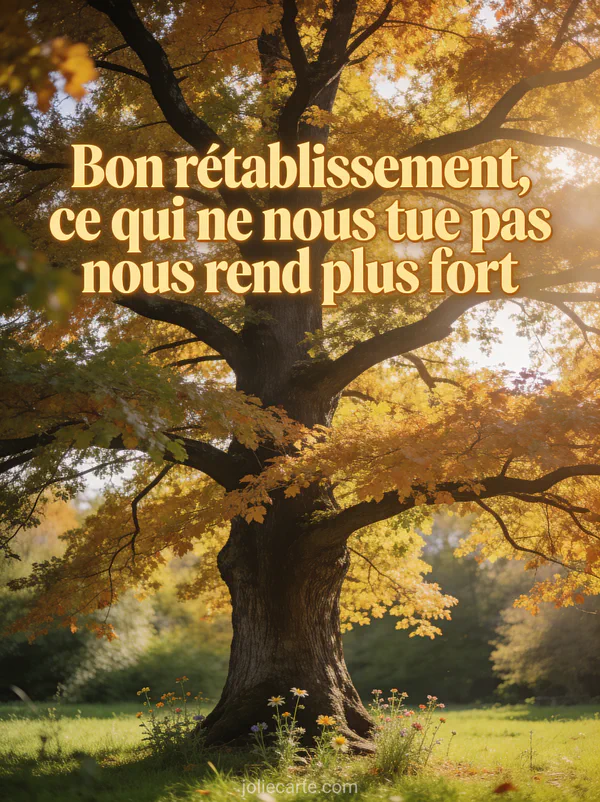 Grand chêne majestueux aux feuilles dorées d'automne dans une prairie verte avec des fleurs sauvages au pied et le texte Ce qui ne nous tue pas nous rend plus fort