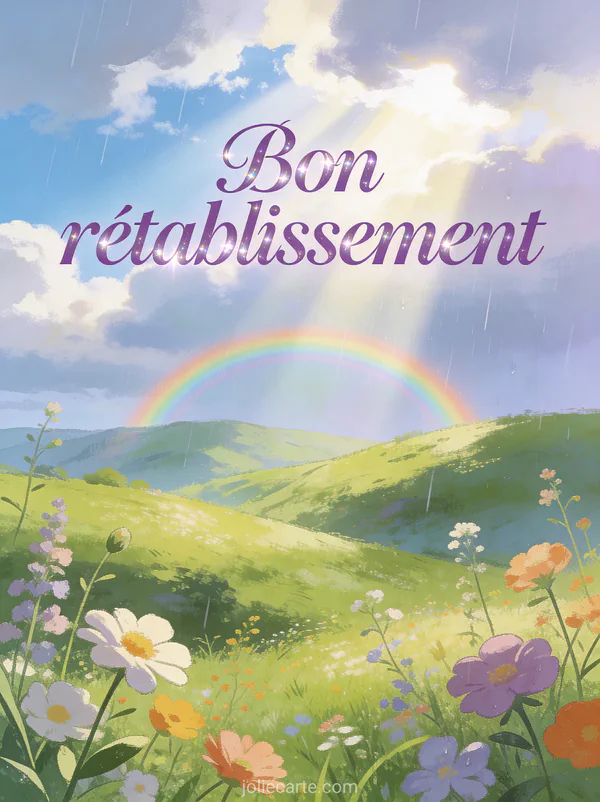 Paysage de collines verdoyantes avec un arc-en-ciel après la pluie et des fleurs sauvages au premier plan avec le texte Bon rétablissement en lettres lilas