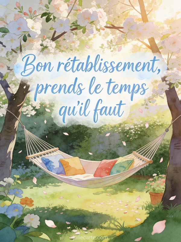 Hamac suspendu entre deux arbres fleuris dans un jardin paisible avec des coussins colorés et des pétales qui tombent et le texte Prends le temps qu'il faut