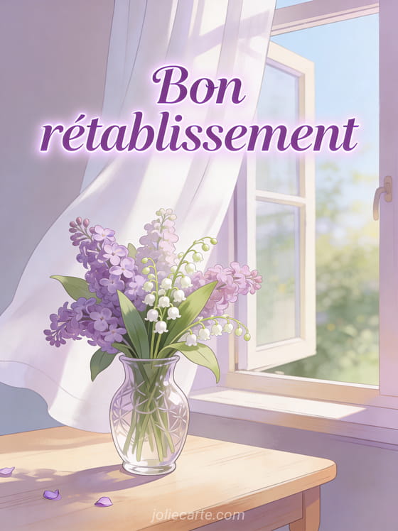 Bouquet de lilas et de muguet dans un vase en verre sur une table en bois clair près d'une fenêtre ouverte avec le texte Bon rétablissement en lettres violettes
