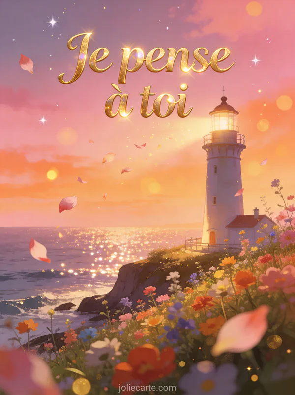 Phare sur la côte au crépuscule entouré de fleurs sauvages colorées avec le texte Je pense à toi en lettres dorées