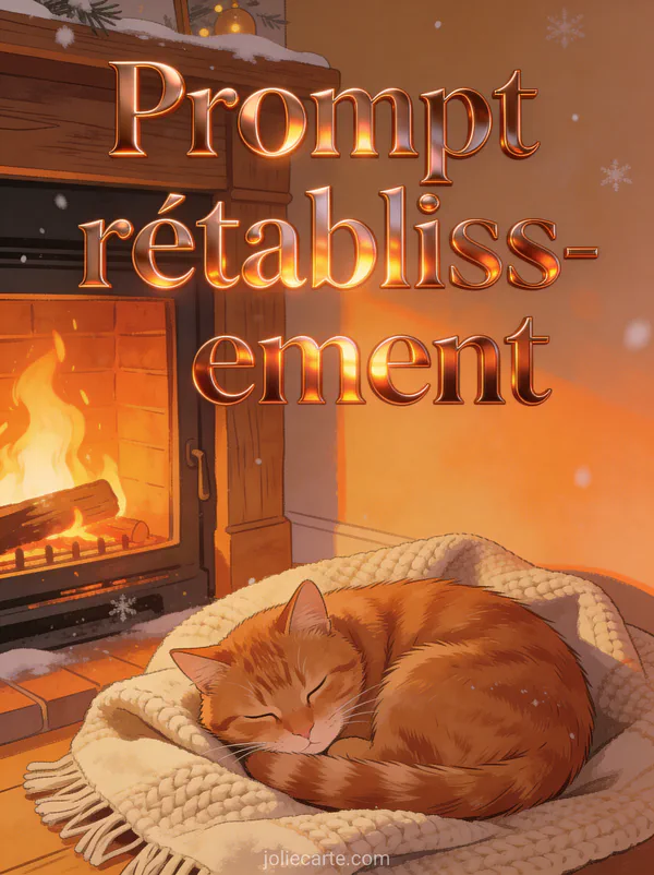 Chat roux endormi en boule sur un plaid douillet près d'une cheminée avec une lumière orangée et le texte Prompt rétablissement en lettres cuivrées
