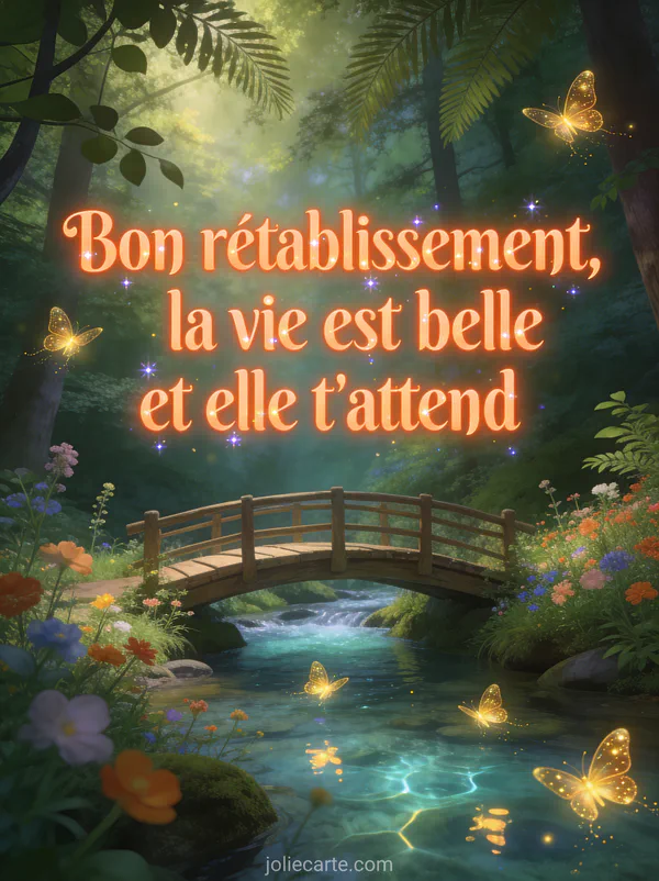 Pont de bois traversant un ruisseau cristallin dans une forêt enchantée avec des lucioles dorées et des fleurs sauvages et le texte La vie est belle et elle t'attend