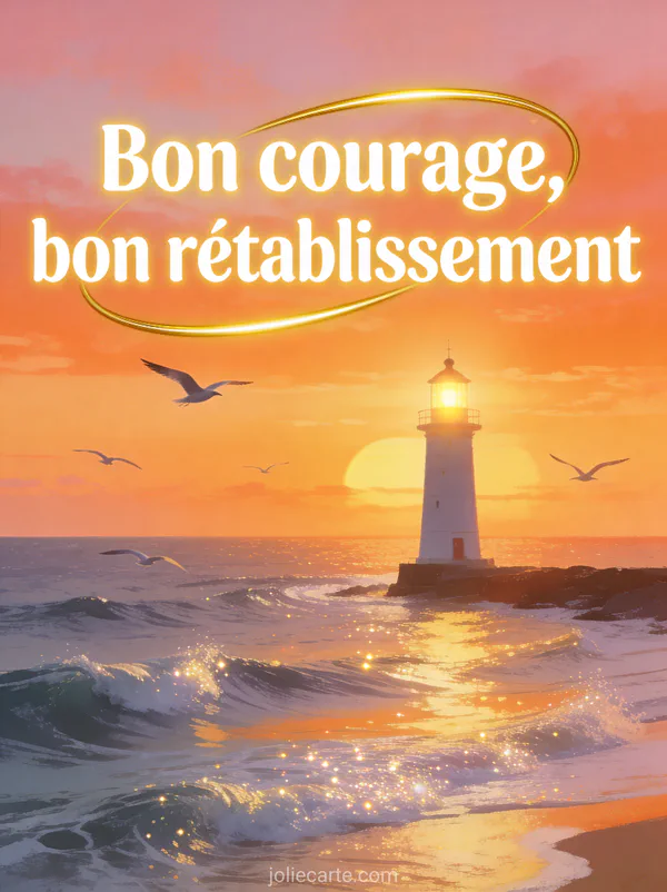 Phare illuminé au bord de la mer au coucher du soleil avec des vagues douces scintillantes et des oiseaux marins en vol et le texte Bon courage bon rétablissement