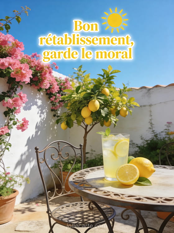 Jardin méditerranéen avec des bougainvilliers roses un citronnier et une table avec une limonade fraîche et le texte Bon rétablissement garde le moral