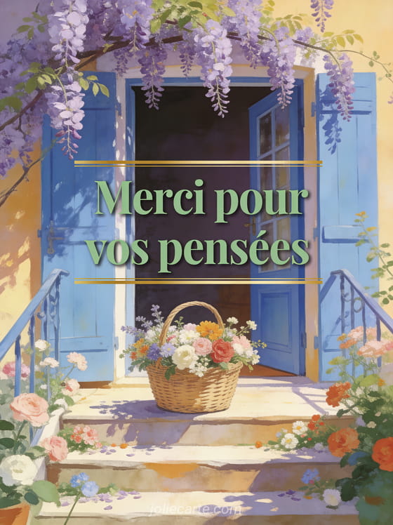 Panier de fleurs fraîchement cueillies posé sur les marches d'un perron fleuri avec glycine et porte bleue et le texte Merci pour vos pensées