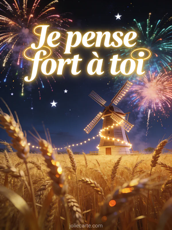 Moulin à vent dans les champs de blé doré avec feux d'artifice multicolores et le texte Je pense fort à toi en lettres blanches lumineuses
