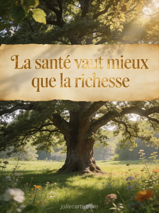 Grand chêne majestueux dans une prairie verte au soleil avec fleurs des champs et lumière dorée filtrante et le texte La santé vaut mieux que la richesse