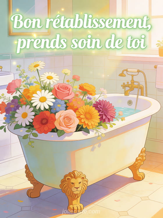 Baignoire vintage aux pieds de lion remplie de fleurs colorées marguerites roses et dahlias dans une salle de bain lumineuse et le texte Bon rétablissement prends soin de toi