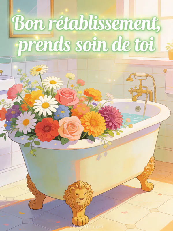 Baignoire vintage aux pieds de lion remplie de fleurs colorées marguerites roses et dahlias dans une salle de bain lumineuse et le texte Bon rétablissement prends soin de toi