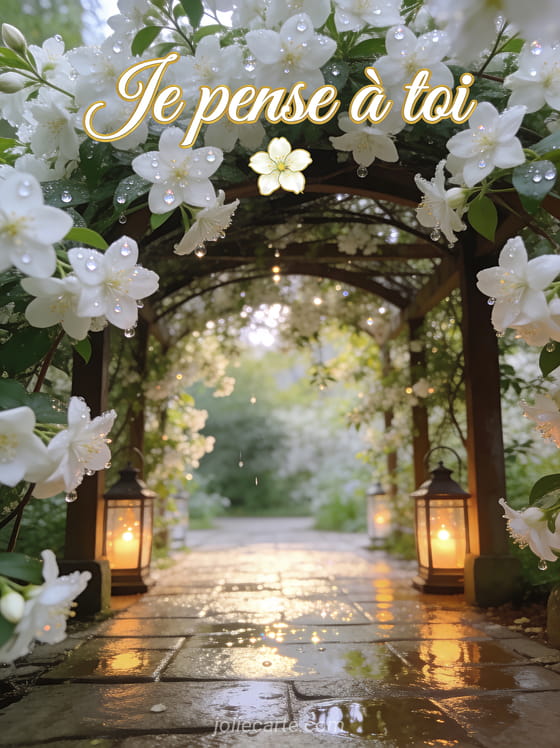 Tonnelle de jasmin en fleurs blanches étoilées avec lanternes allumées et le texte Je pense à toi en lettres délicates blanches et dorées