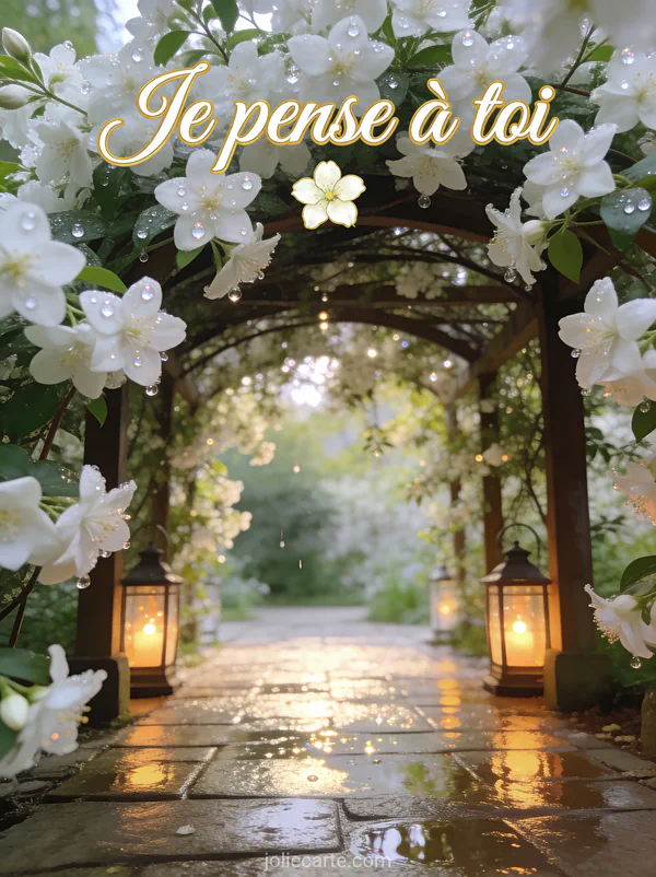 Tonnelle de jasmin en fleurs blanches étoilées avec lanternes allumées et le texte Je pense à toi en lettres délicates blanches et dorées