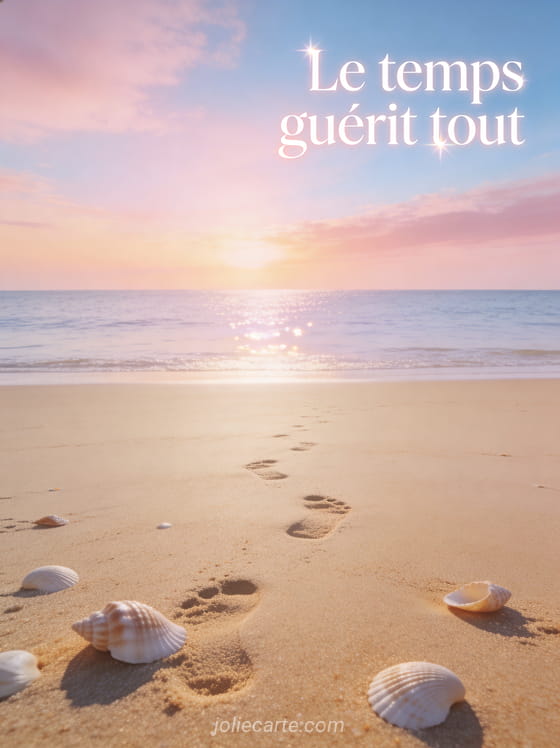 Lever de soleil sur l'océan calme vu depuis une plage déserte avec sable doré coquillages et ciel pastel et le texte Le temps guérit tout