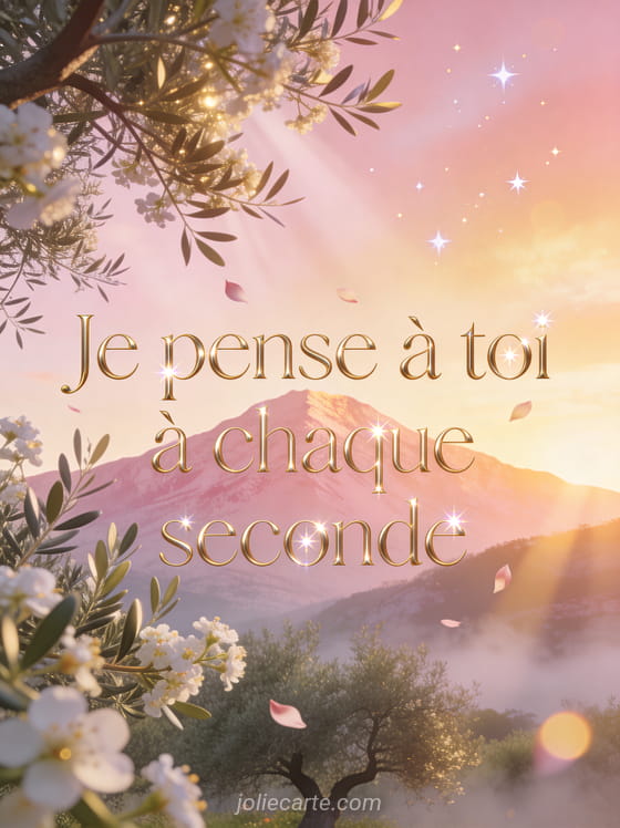Montagne rose au coucher du soleil avec olivier en fleurs blanches au premier plan et le texte Je pense à toi à chaque seconde en lettres dorées
