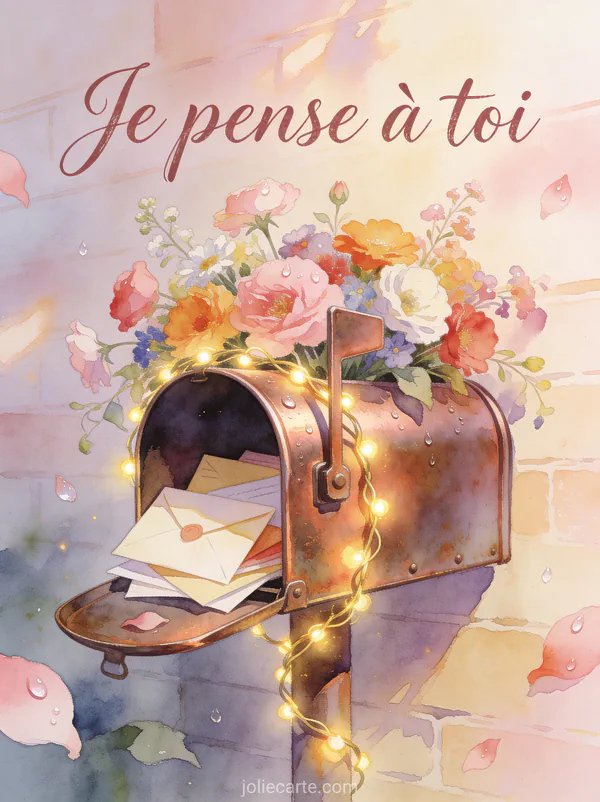 Boîte à lettres ancienne en cuivre patiné débordant de fleurs colorées et d'enveloppes cachetées avec le texte Je pense à toi en calligraphie aquarelle