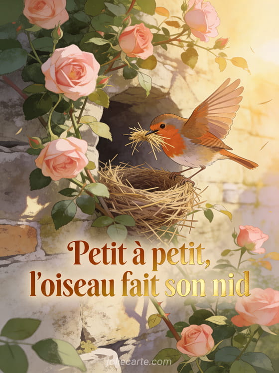Rouge-gorge construisant son nid dans un rosier grimpant avec roses roses brins de paille dans le bec et lumière dorée et le texte Petit à petit l'oiseau fait son nid