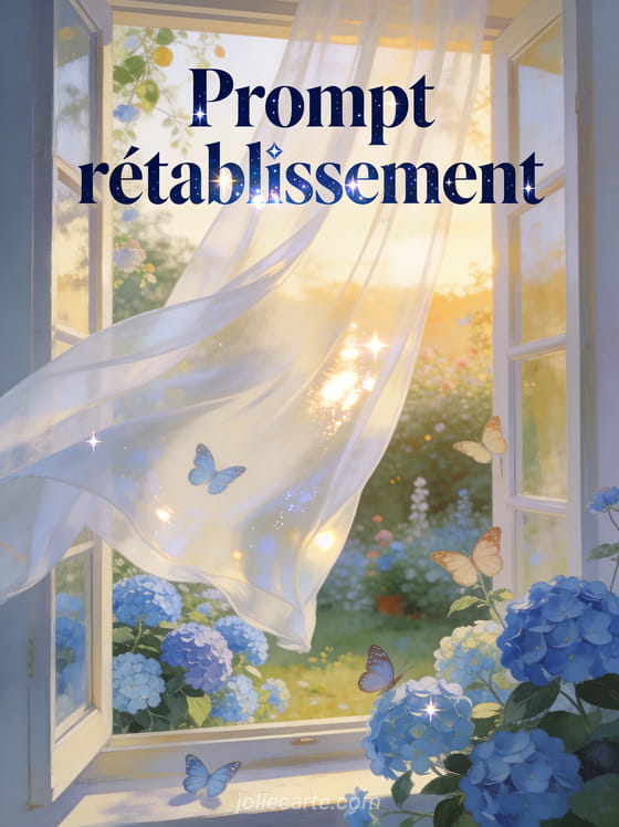 Fenêtre ouverte sur un jardin printanier avec des hortensias bleus et des papillons et un rideau blanc qui flotte au vent et le texte Prompt rétablissement
