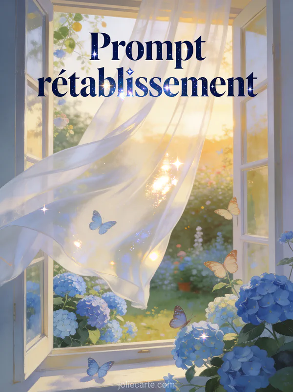 Fenêtre ouverte sur un jardin printanier avec des hortensias bleus et des papillons et un rideau blanc qui flotte au vent et le texte Prompt rétablissement
