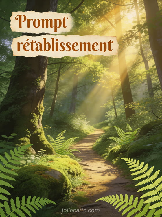 Sentier forestier au printemps avec de la mousse verte des fougères et des rayons de soleil qui percent la canopée et le texte Prompt rétablissement