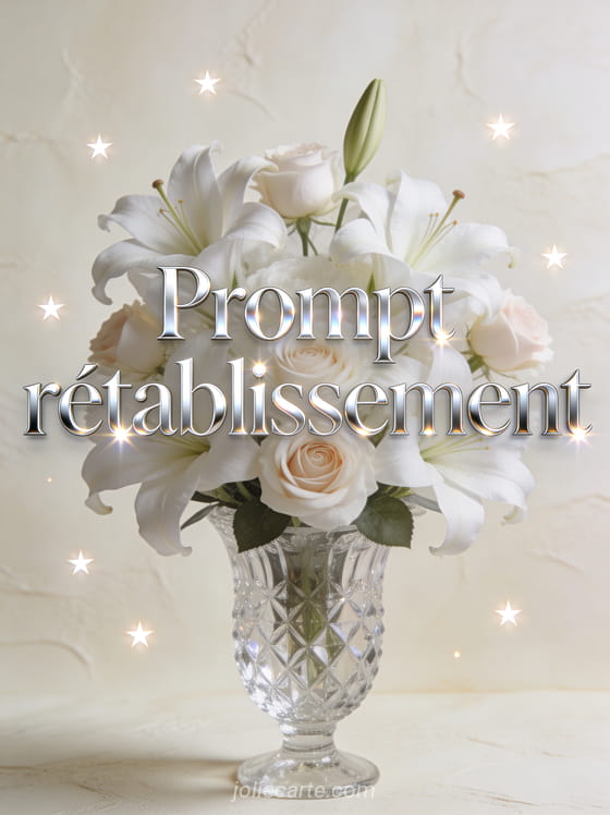 Composition florale élégante de lys blancs et de roses dans un vase en cristal sur fond crème avec des étoiles lumineuses et le texte Prompt rétablissement