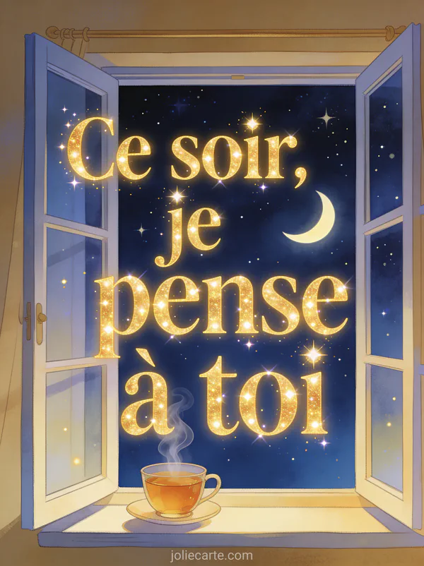 Fenêtre ouverte donnant sur un ciel étoilé avec croissant de lune et tasse de thé fumante sur le rebord avec le texte Ce soir je pense à toi