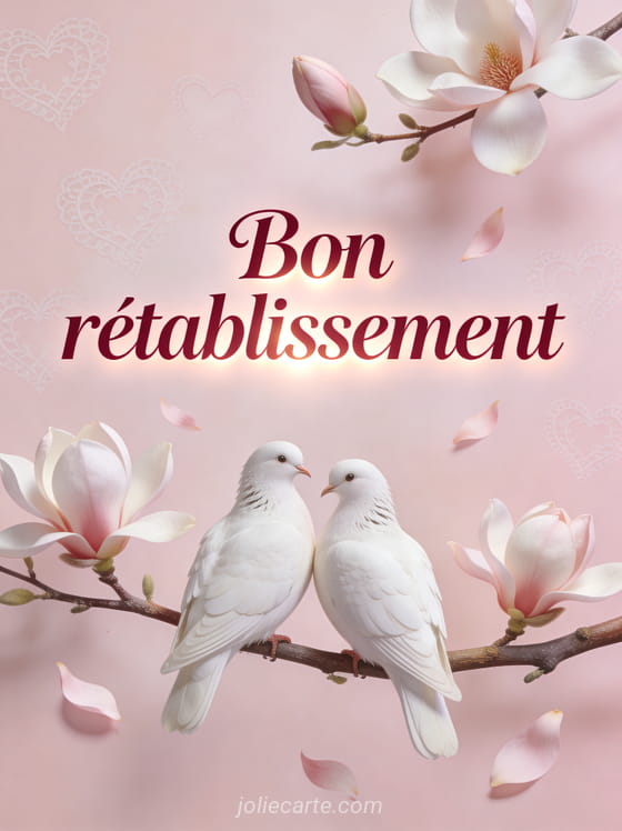 Deux colombes blanches côte à côte sur une branche de magnolia en fleurs avec des pétales qui tombent et des coeurs en filigrane et le texte Bon rétablissement