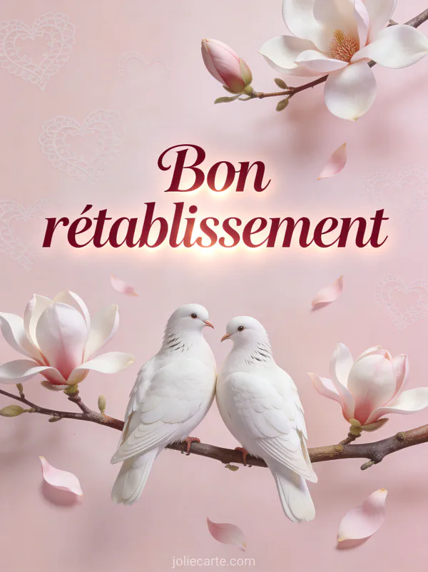 Deux colombes blanches côte à côte sur une branche de magnolia en fleurs avec des pétales qui tombent et des coeurs en filigrane et le texte Bon rétablissement