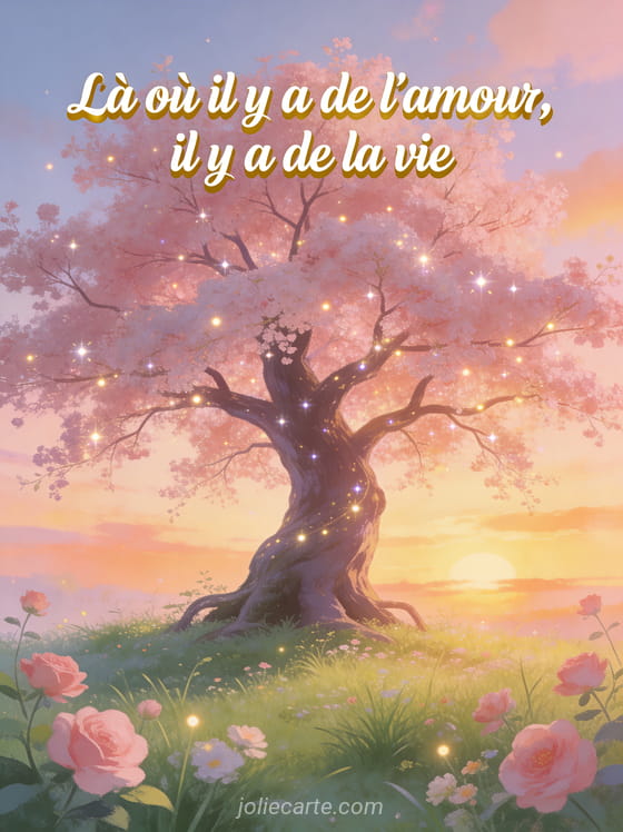Arbre majestueux en pleine floraison rose au coucher du soleil avec des lumières scintillantes dans les branches et le texte Là où il y a de l'amour il y a de la vie
