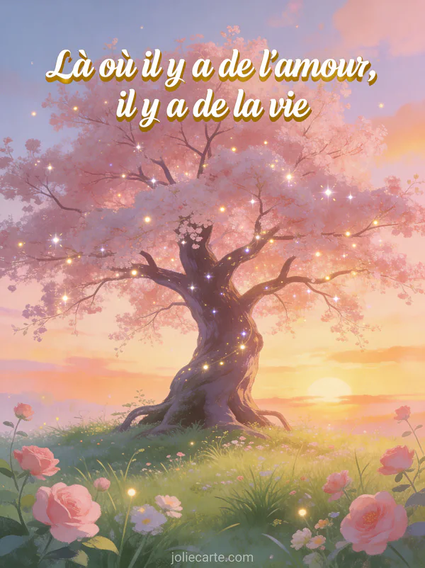 Arbre majestueux en pleine floraison rose au coucher du soleil avec des lumières scintillantes dans les branches et le texte Là où il y a de l'amour il y a de la vie
