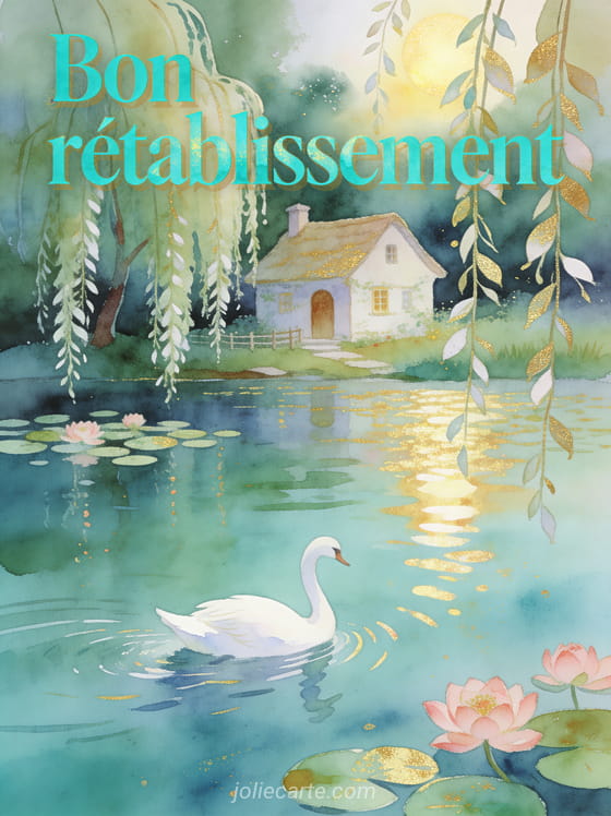 Petit cottage au bord d'un lac tranquille entouré de saules pleureurs avec un cygne blanc glissant sur l'eau et le texte Bon rétablissement en lettres turquoise