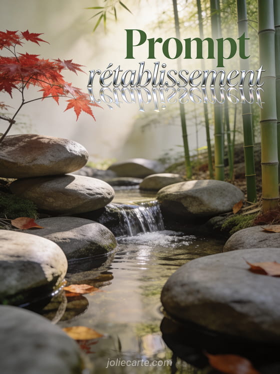 Jardin zen japonais avec des pierres lisses un petit ruisseau des bambous et un érable rouge avec le texte Prompt rétablissement en lettres vert sauge