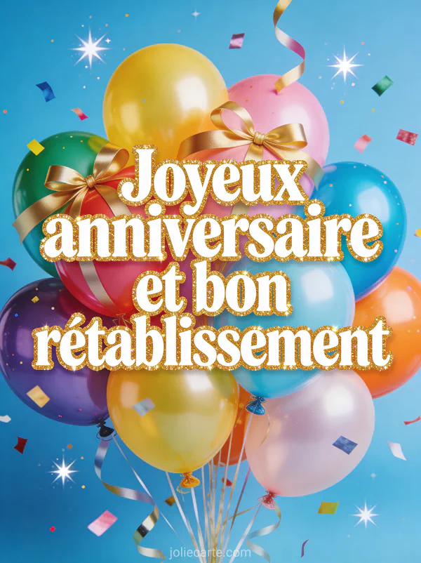 Bouquet de ballons colorés noués avec un ruban doré et confettis sur fond bleu ciel avec étoiles et le texte Joyeux anniversaire et bon rétablissement
