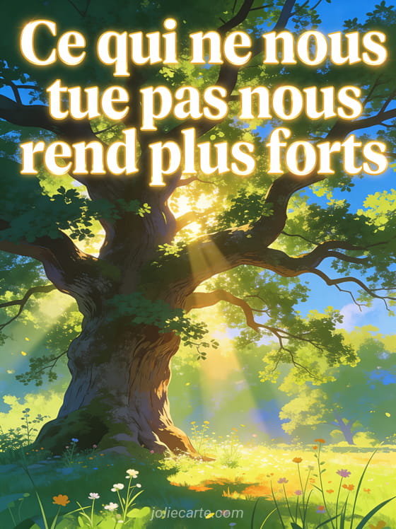 Chêne centenaire aux feuilles vertes luxuriantes avec des rayons de soleil qui traversent le feuillage et des fleurs sauvages au pied et le texte Ce qui ne nous tue pas nous rend plus forts