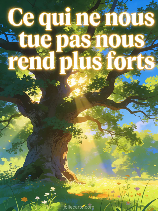 Chêne centenaire aux feuilles vertes luxuriantes avec des rayons de soleil qui traversent le feuillage et des fleurs sauvages au pied et le texte Ce qui ne nous tue pas nous rend plus forts