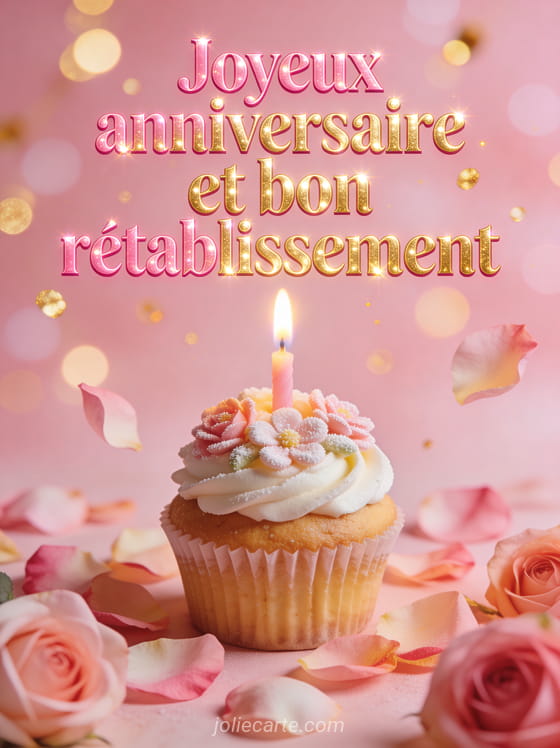 Cupcake décoré avec une bougie allumée et des fleurs en sucre entouré de pétales de roses sur fond bokeh doré et le texte Joyeux anniversaire et bon rétablissement