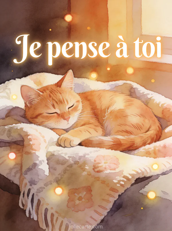 Adorable chat roux couché sur un plaid douillet les yeux mi-clos avec bokeh lumineux et le texte Je pense à toi en lettres blanches