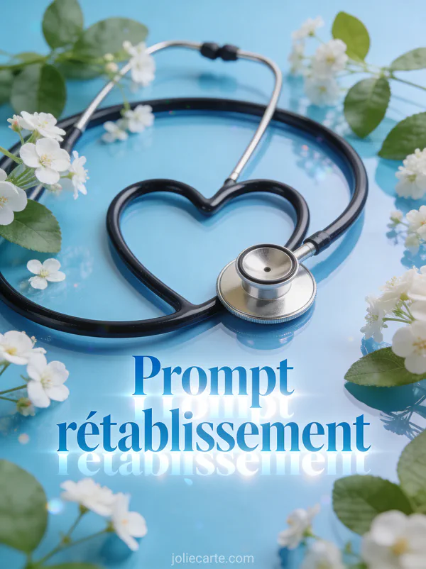 Stéthoscope formant un coeur sur fond bleu clair entouré de petites fleurs blanches et feuilles vertes et le texte Prompt rétablissement