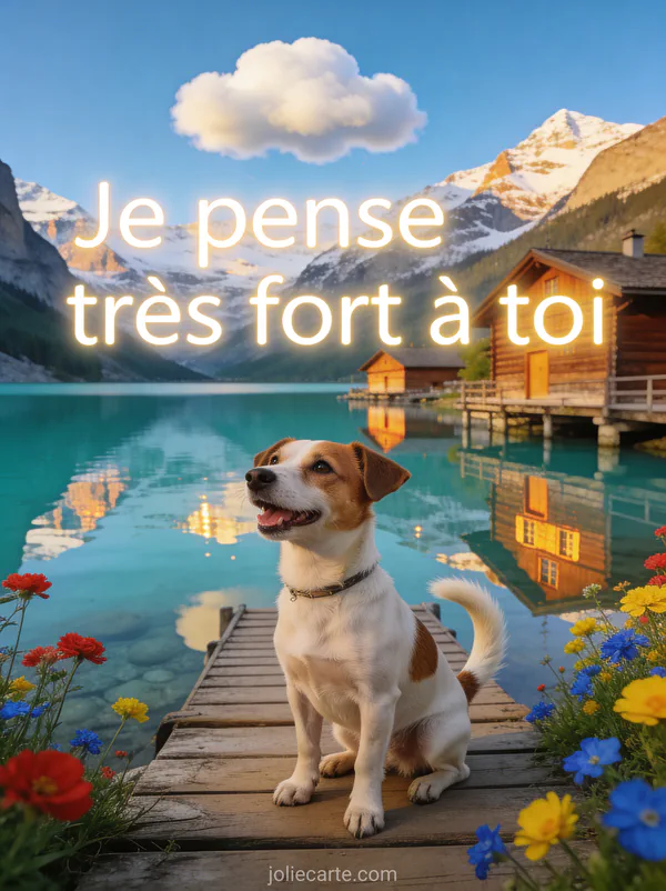 Lac alpin turquoise avec chalets en bois et jack russell terrier sur un ponton avec montagnes enneigées et le texte Je pense très fort à toi