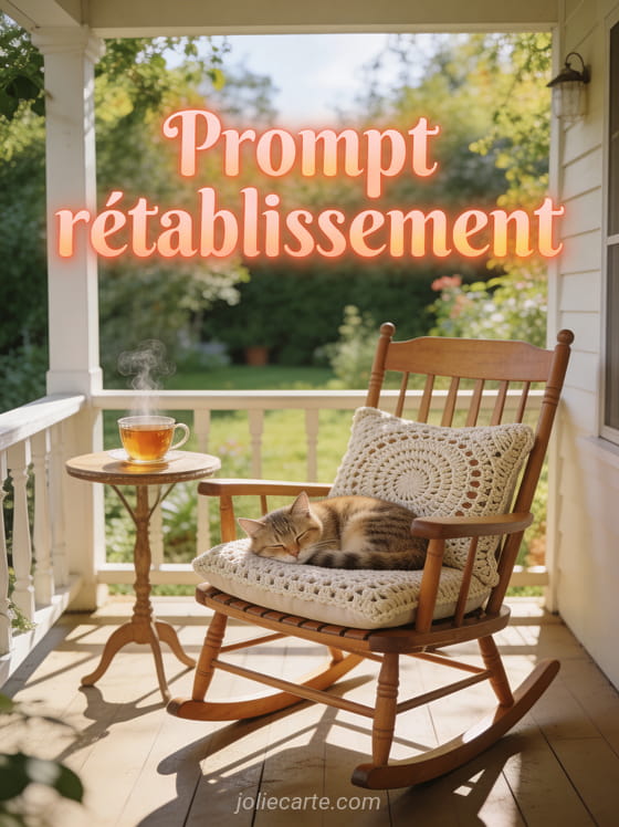 Véranda ensoleillée avec rocking-chair en bois coussin en crochet tasse de thé fumante et chat endormi et le texte Prompt rétablissement