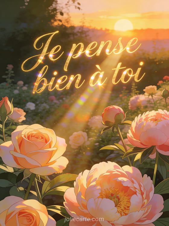 Jardin fleuri au soleil couchant avec roses et pivoines baignées de lumière dorée et le texte Je pense bien à toi en lettres cursives dorées