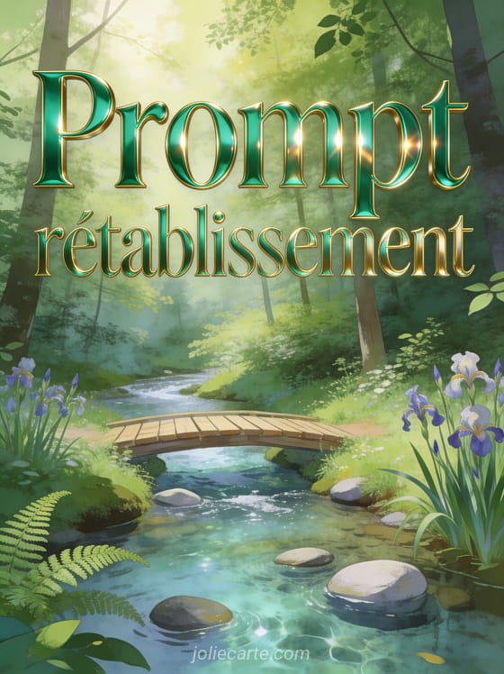 Petit pont de bois au-dessus d'un ruisseau cristallin dans une forêt verdoyante avec fougères et iris sauvages et le texte Prompt rétablissement
