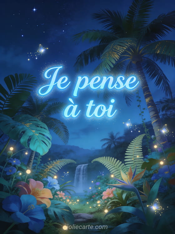Jardin tropical luxuriant à l'heure bleue avec fleurs exotiques colorées et lucioles scintillantes et le texte Je pense à toi en lettres bleu clair